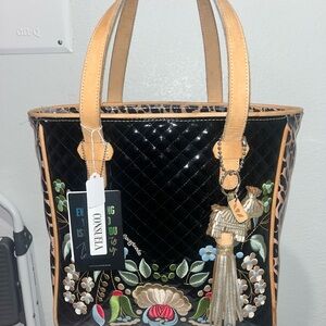 Consuela Black and Tan Floral Tote Bag